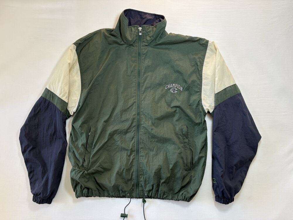 Champion Vintage Colorblock Windbreaker Jacket Green Navy Mens Medium Full Zip